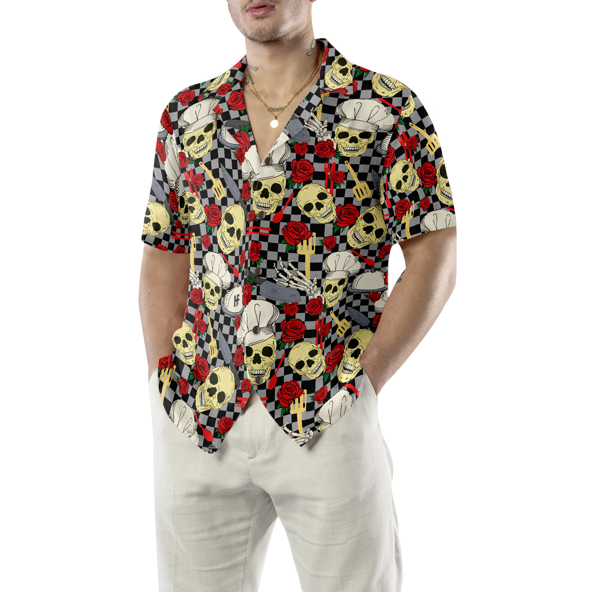 Skulls in Chef Hats and Red Roses Patterned Hawaiian Shirt - Hyperfavor