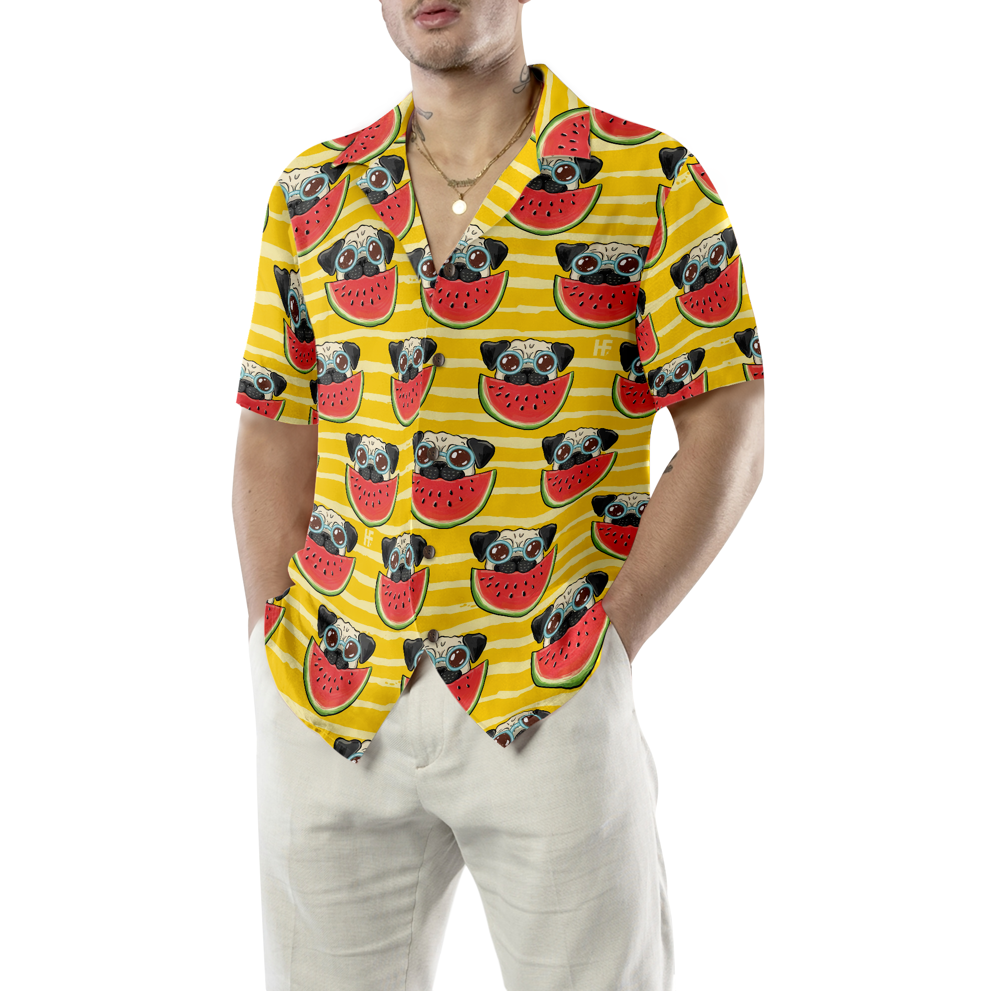 Pug Watermelon Yellow Background Hawaiian Shirt - Hyperfavor