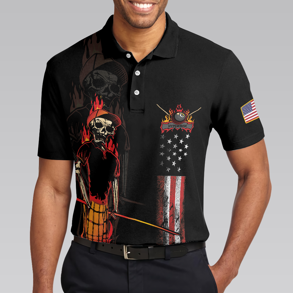 Mr Bones 8 Ball American Flag Billiards Short Sleeve Polo Shirt, Cool Skeleton Billiards Shirt For Men - Hyperfavor