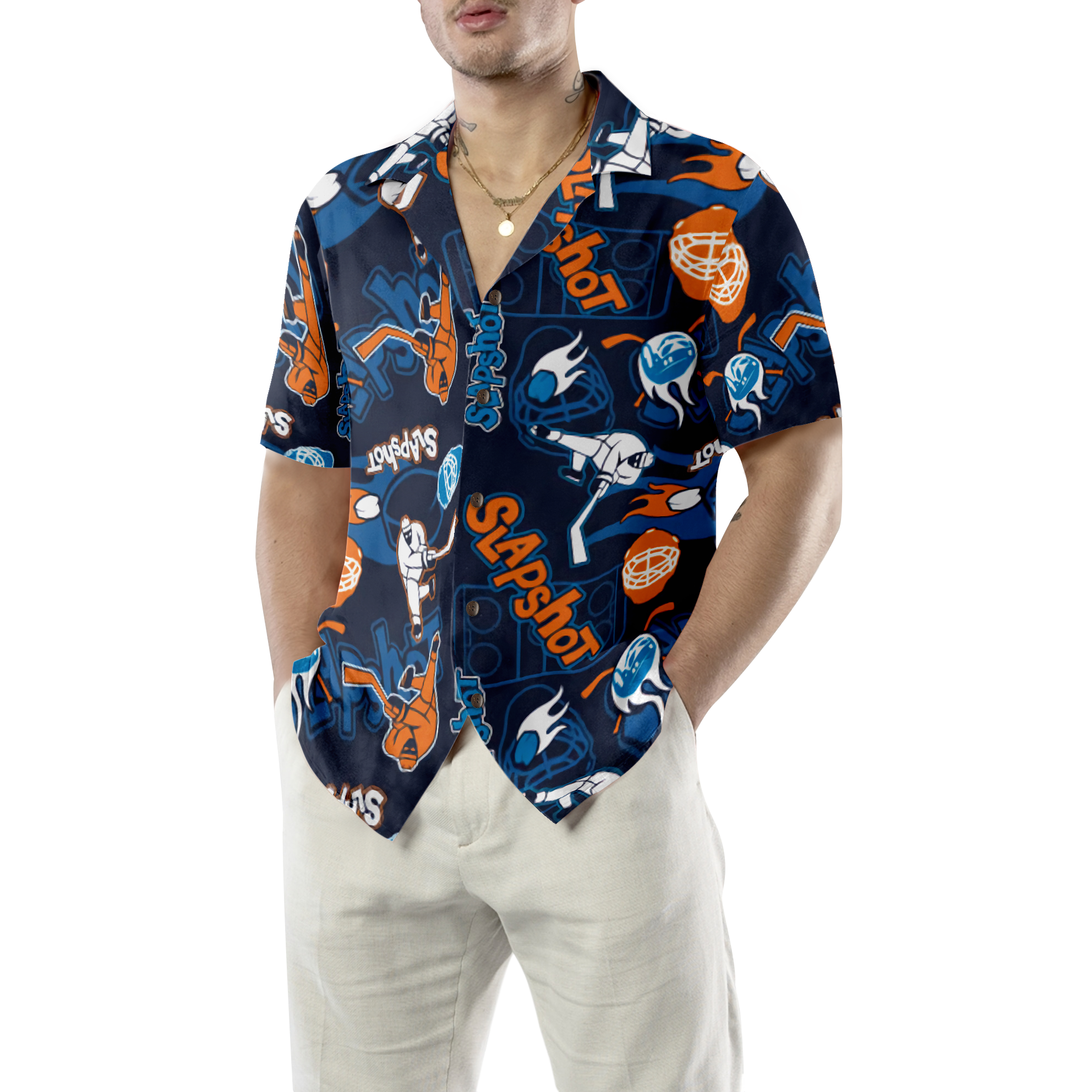 Slapshot Hockey Pattern Hawaiian Shirt - Hyperfavor