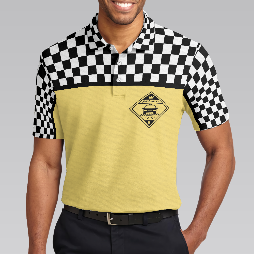 Relaxi Taxi Short Sleeve Polo Shirt, Black And White Checker Pattern Yellow Taxi Shirt For Men - Hyperfavor