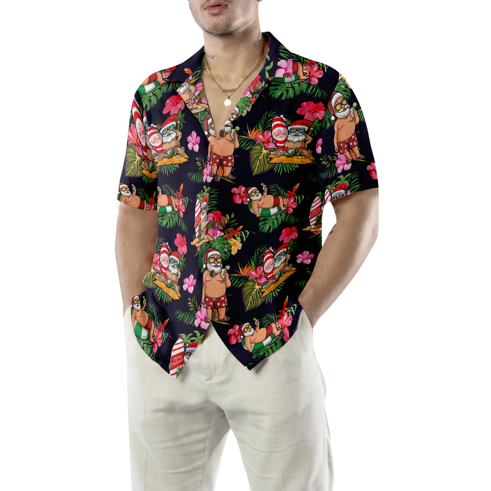 Hyperfavor Christmas Hawaiian Shirt, Santa With Tropical Flower Pattern Shirt Short Sleeve, Christmas Shirt Idea Gift For Men And Women - Hyperfavor