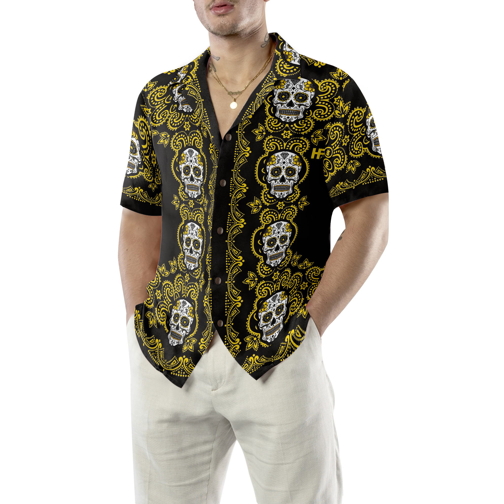 Yellow Sugar Skull Hawaiian Shirt - Hyperfavor