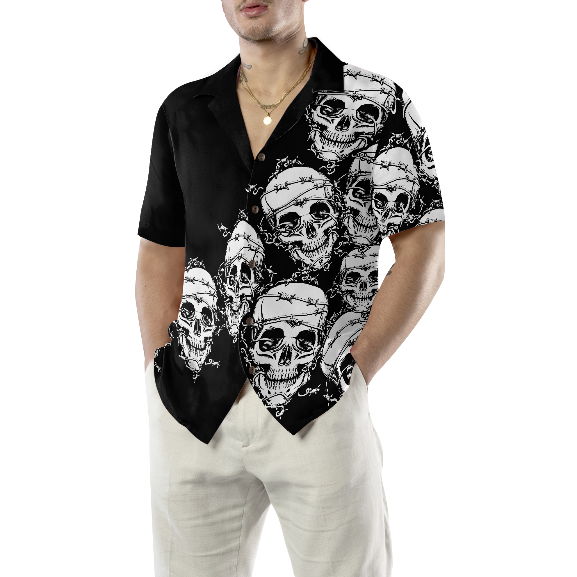 Skull In Barbed Wire Gothic Hawaiian Shirt, Black Skull Goth Hawaiian Shirt - Hyperfavor