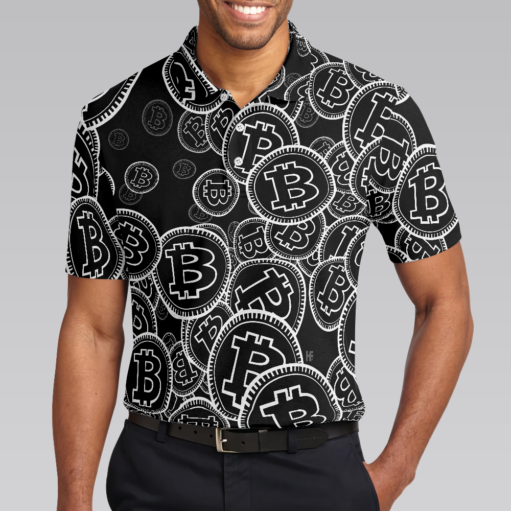 Digital Bitcoin Crypto Polo Shirt, Cool Cryptocurrency Short Sleeve Shirt, Black And White Bitcoin Polo - Hyperfavor