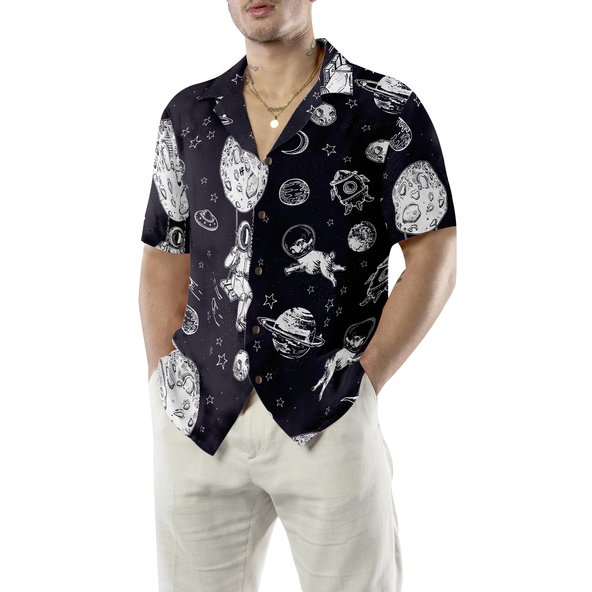 Astronaut And His French Bulldog Hawaiian Shirt - Hyperfavor