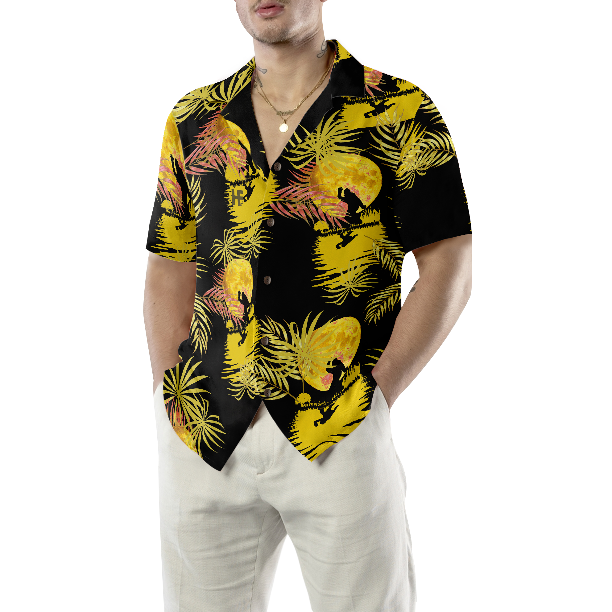 Bigfoot Tropical Yellow Moon Bigfoot Hawaiian Shirt, Black And Yellow Moonlight Bigfoot Shirt For Men - Hyperfavor