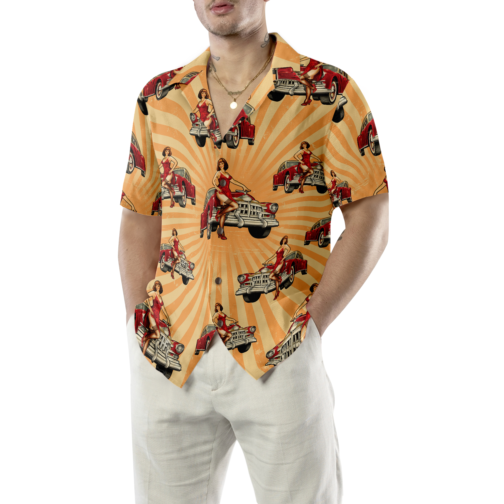 Vintage Car And Chick For Dinner Hawaiian Shirt - Hyperfavor