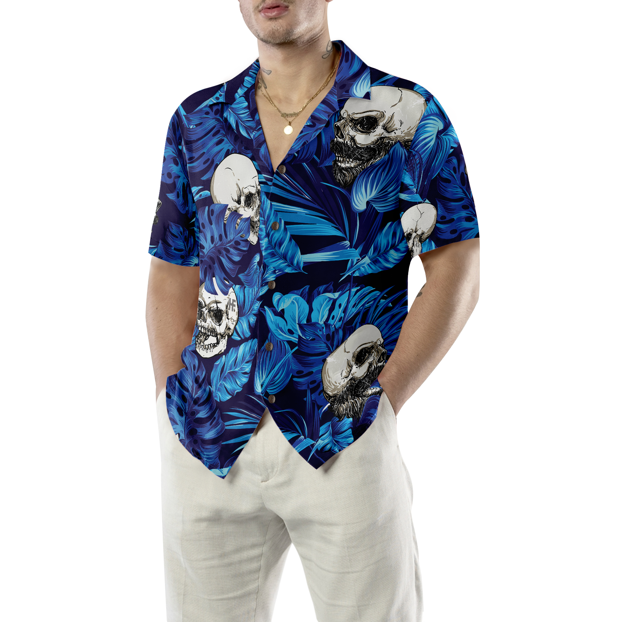 Blue Tropical Floral Summer And Skull Hawaiian Shirt - Hyperfavor