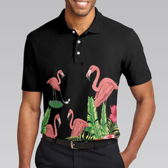 Flamingo Playing Golf And Tropical Pattern Polo Shirt, Pink Flamingo Short Sleeve Polo Shirt For Golfers - Hyperfavor