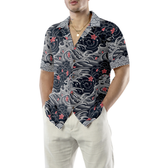 Japanese Red Flower Waves Hawaiian Shirt, Black And White Cherry Blossom Abstract Floral Hawaiian Shirt - Hyperfavor