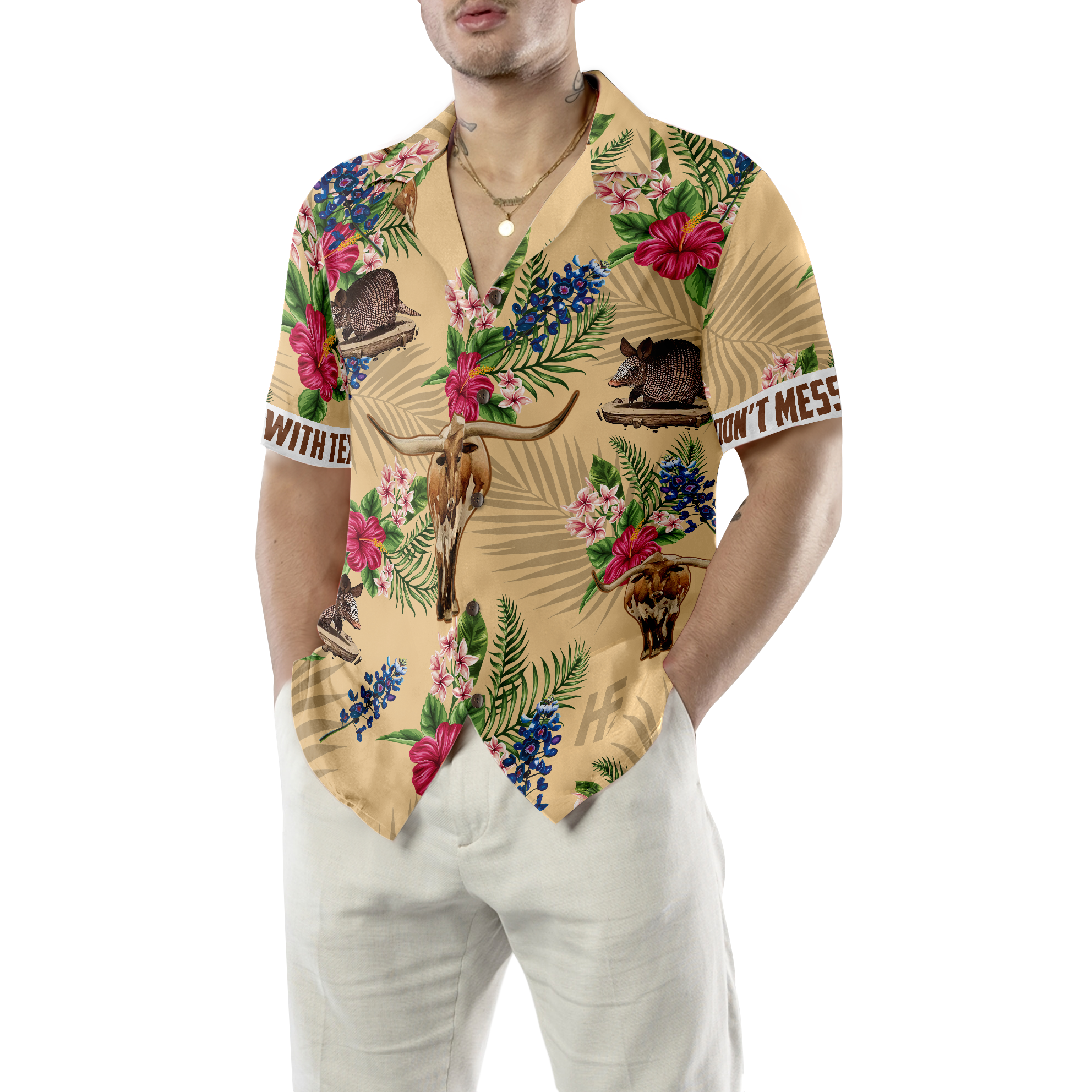 Insignia Bluebonnet Texas Hawaiian Shirt White Back Cream Version, Don't Mess With Texas Armadillo and Longhorn, Texas Home Shirt For Men - Hyperfavor