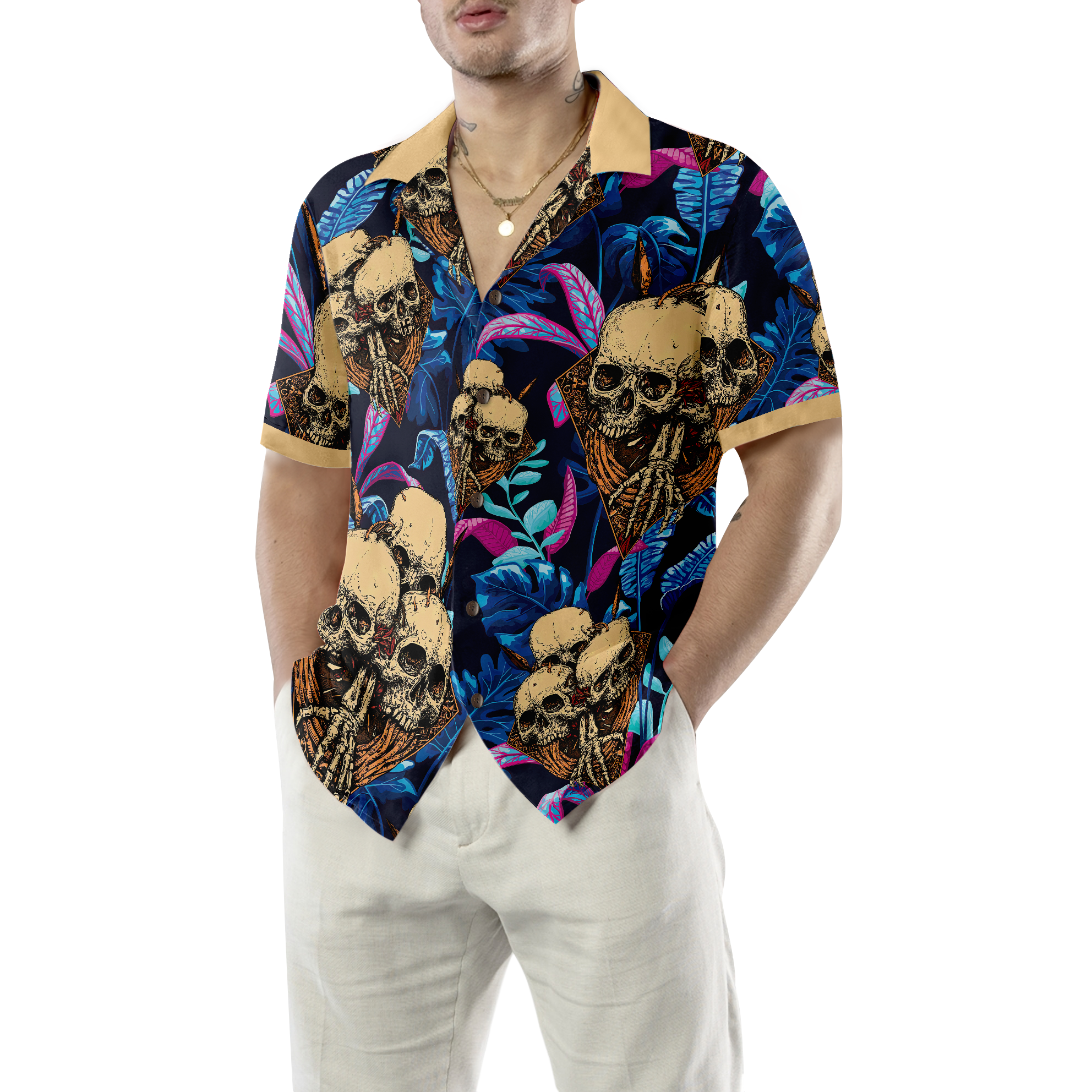 Skull Tropical Palm Leaves Background Hawaiian Shirt - Hyperfavor