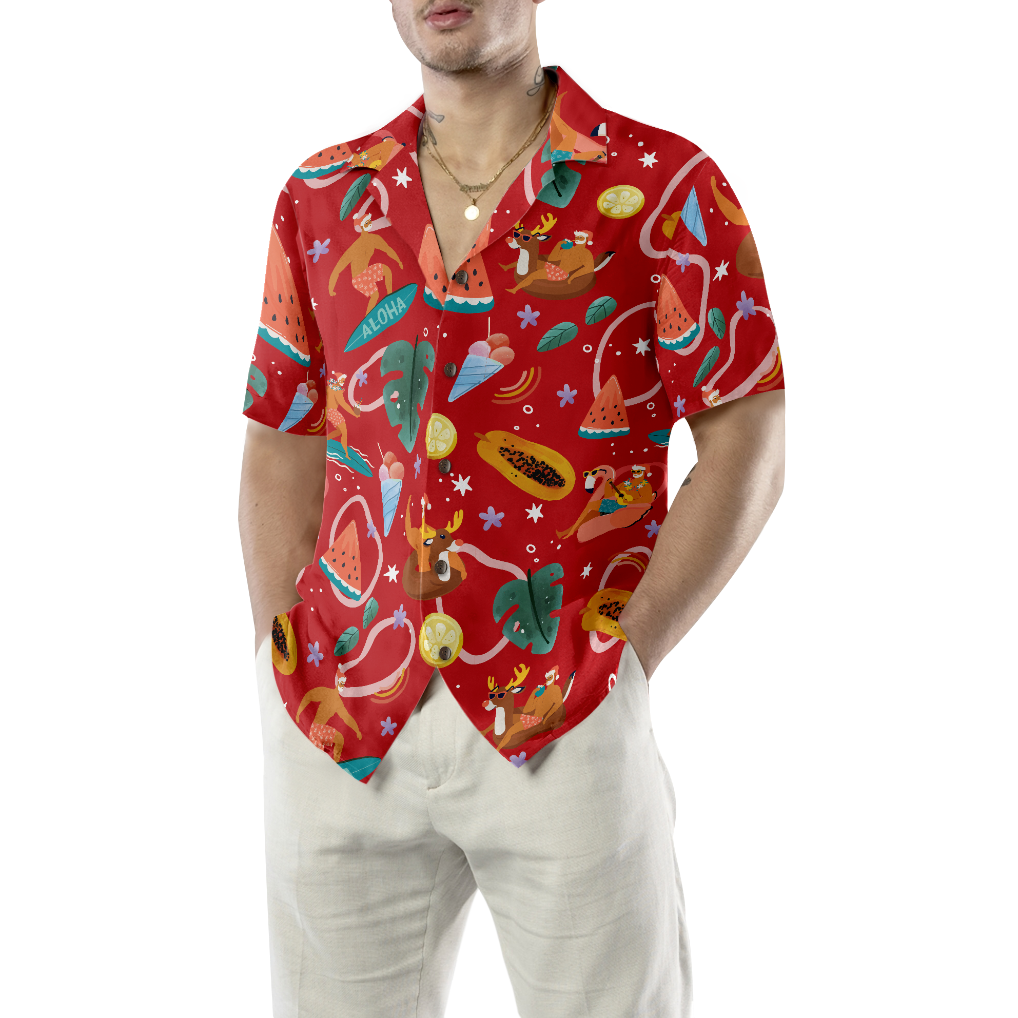 Hyperfavor Santa Surfing 3 Pattern Hawaiian shirt, Christmas Shirts Short Sleeve Button Down Shirt For Men And Women - Hyperfavor