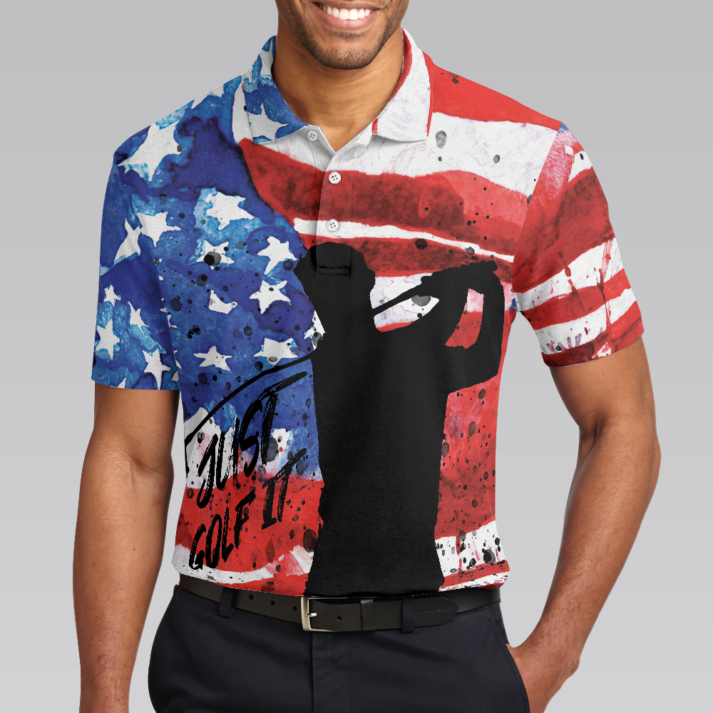 American Golfer Just Golf It Short Sleeve Golf Polo Shirt, Wet Paint American Flag Polo Shirt, Patriotic Golf Shirt For Men - Hyperfavor