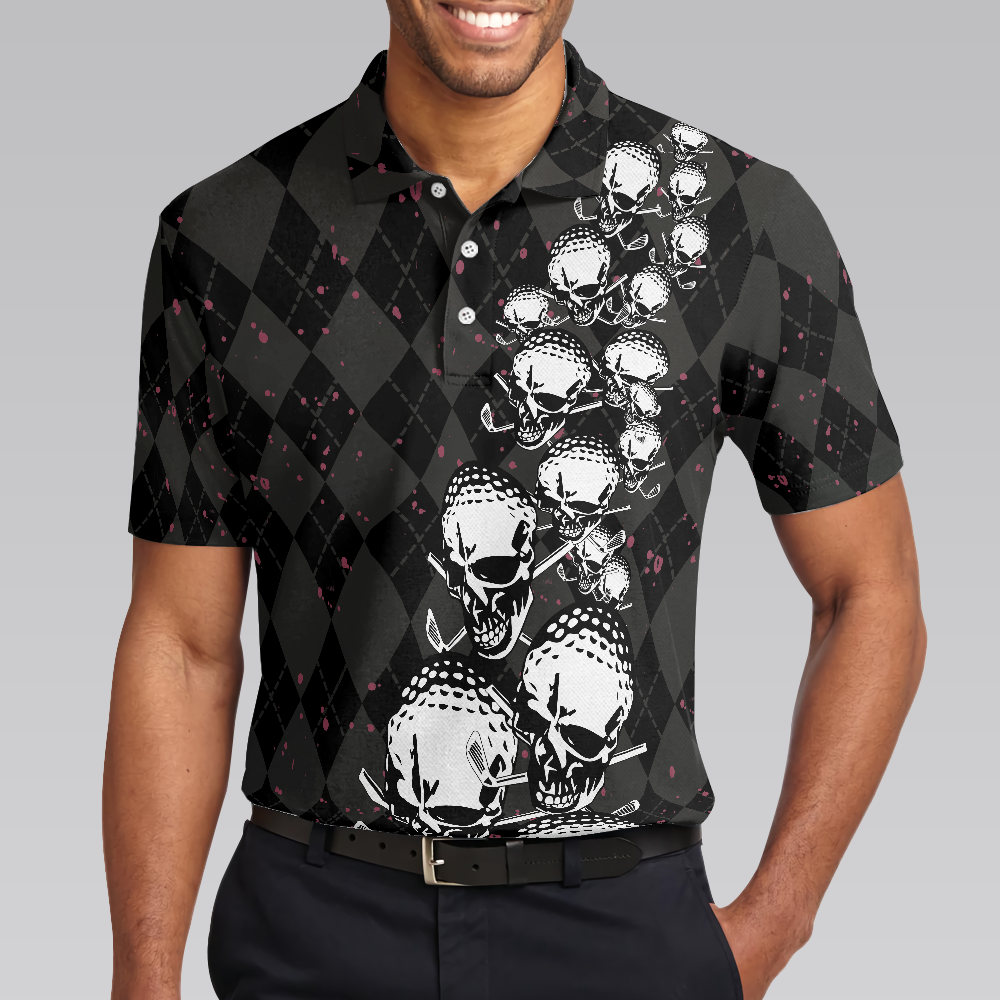 Elegant Argyle Pattern And Skull Golf Lover Polo Shirt, Black Skull Golf Shirt For Men - Hyperfavor