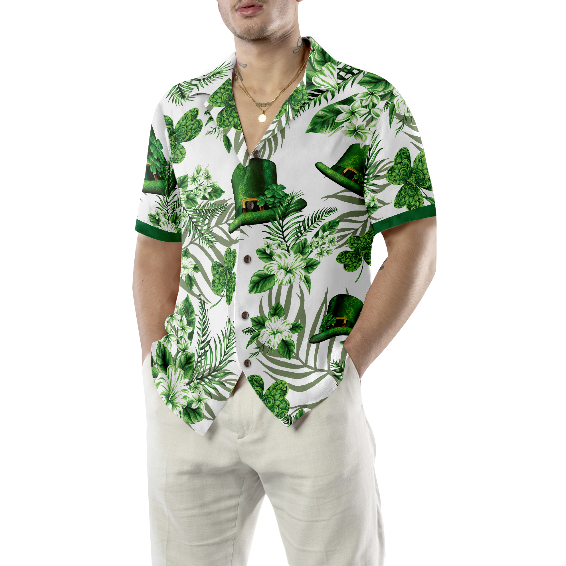 Erin Go Braugh Ireland Green Hat and Shamrock Pattern Hawaiian Shirt - Hyperfavor