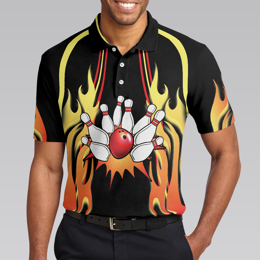 No Pin Left Behind Bowling Polo Shirt, Black Shirt With Flames, Polo Style Bowling Shirt For Men - Hyperfavor