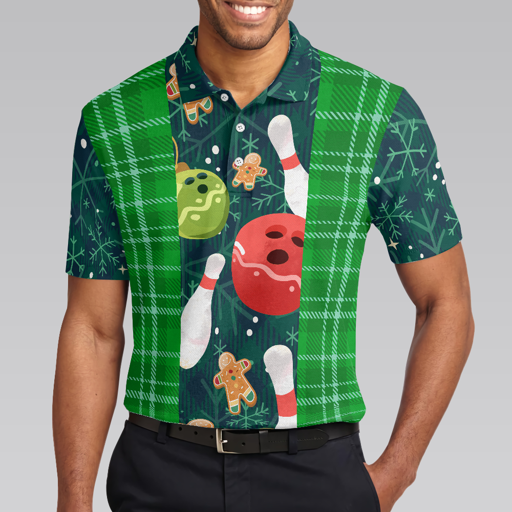 Christmas Bowling with Flannel Plaid Pattern Mens Polo Shirts - Hyperfavor