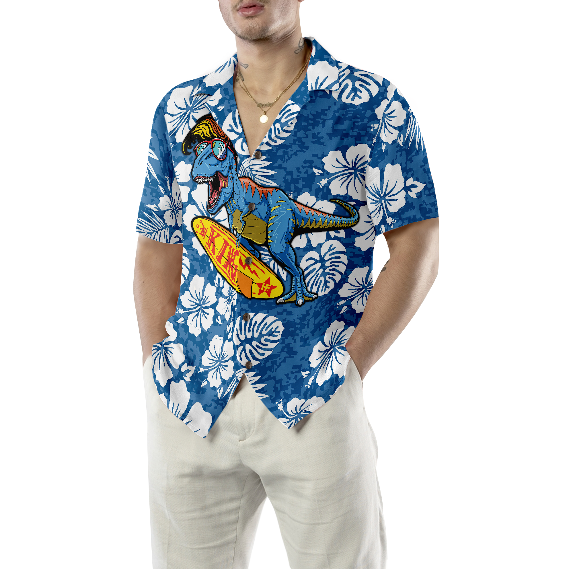 T-Rex Catch The Waves Dinosaur Hawaiian Shirt - Hyperfavor