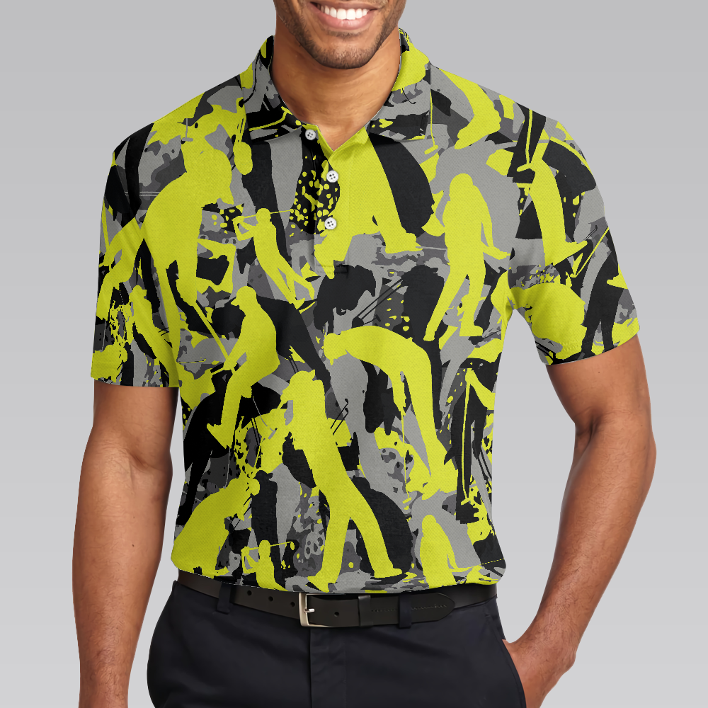 Golf Camo Light Green Pattern Golf Polo Shirt, Yellow Silhouette Golfing Polo Shirt, Camouflage Golf Shirt For Men - Hyperfavor