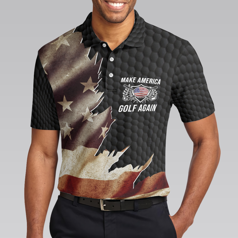 Make America Golf Again Custom Polo Shirt, Personalized Black Hornet Nest Pattern American Flag Golf Shirt For Men - Hyperfavor