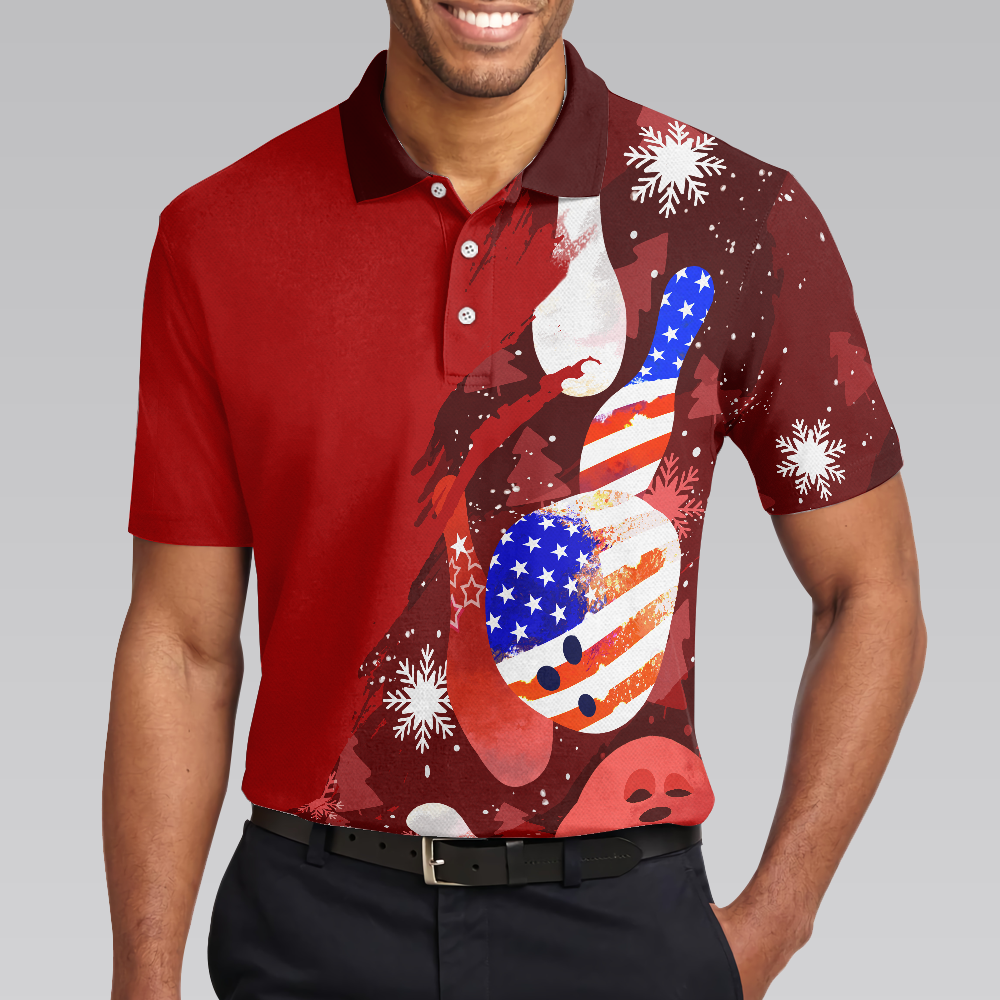 American Flag Christmas Bowling Ball and Pins Mens Polo Shirts - Hyperfavor