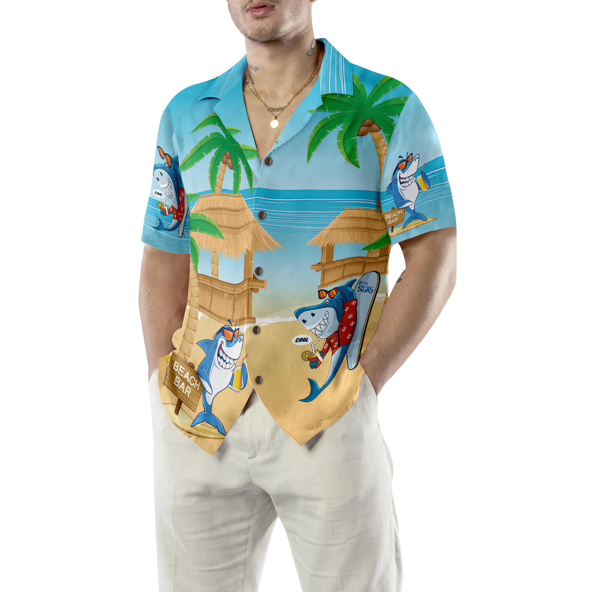 Sharks Party On The Beach Hawaiian Shirt - Hyperfavor