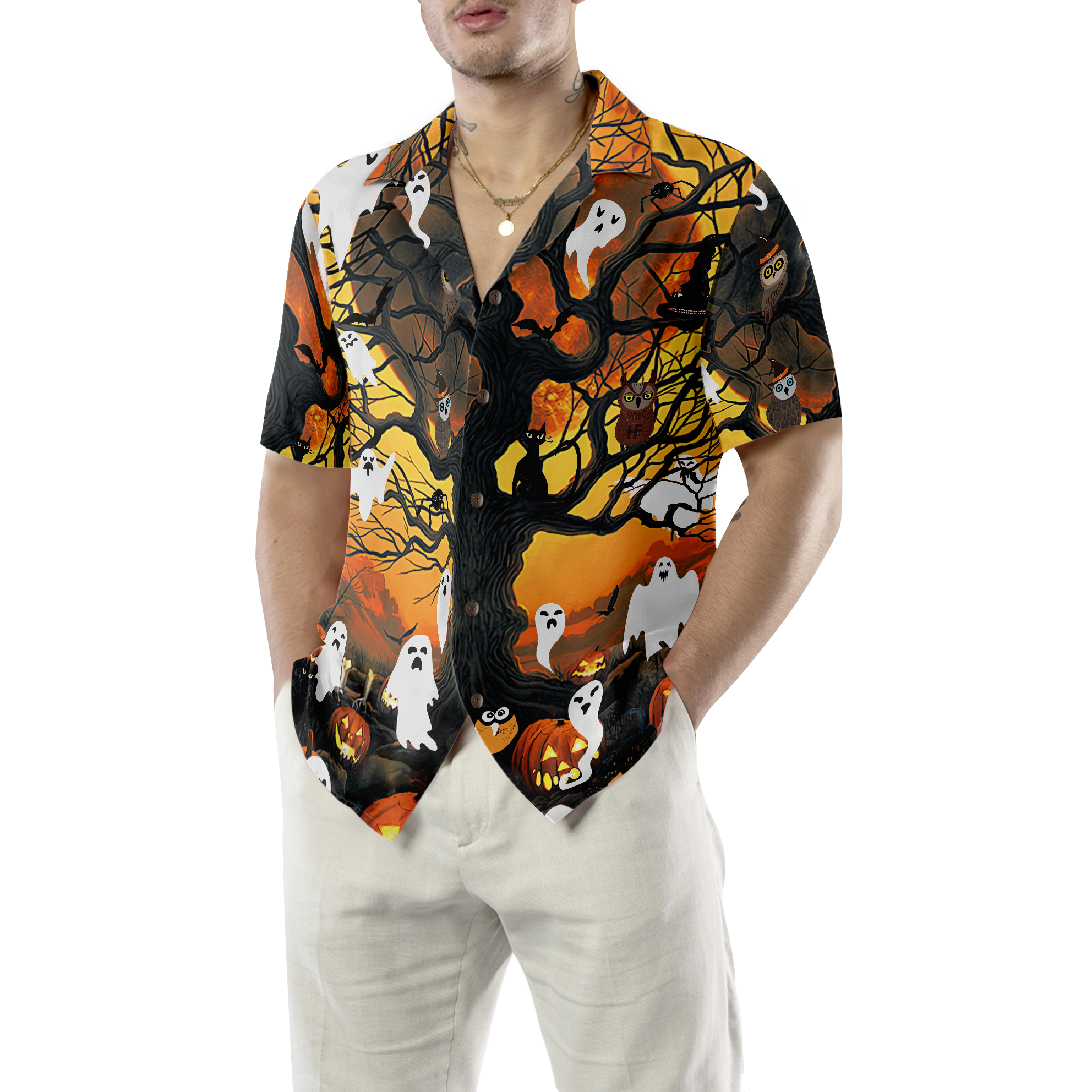 Night Of Pumpkin & Ghost Hawaiian Shirt - Hyperfavor