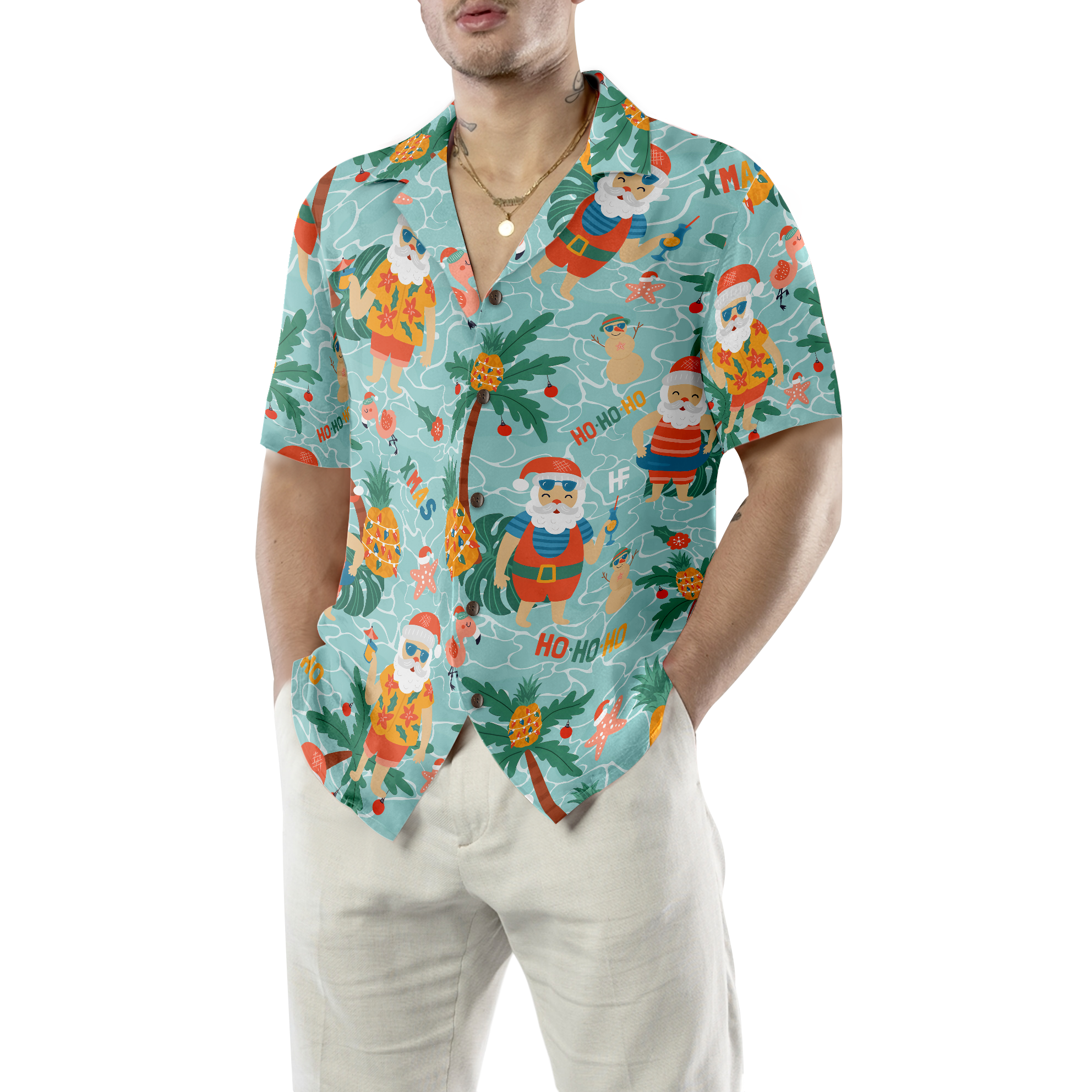 Pineapple With Santa Claus On Sea Beach Hawaiian Shirt - Hyperfavor