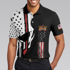 Skull American Flag With Golf Club Polo Shirt, Black And White American Flag Polo Shirt, Patriotic Golf Shirt For Men - Hyperfavor