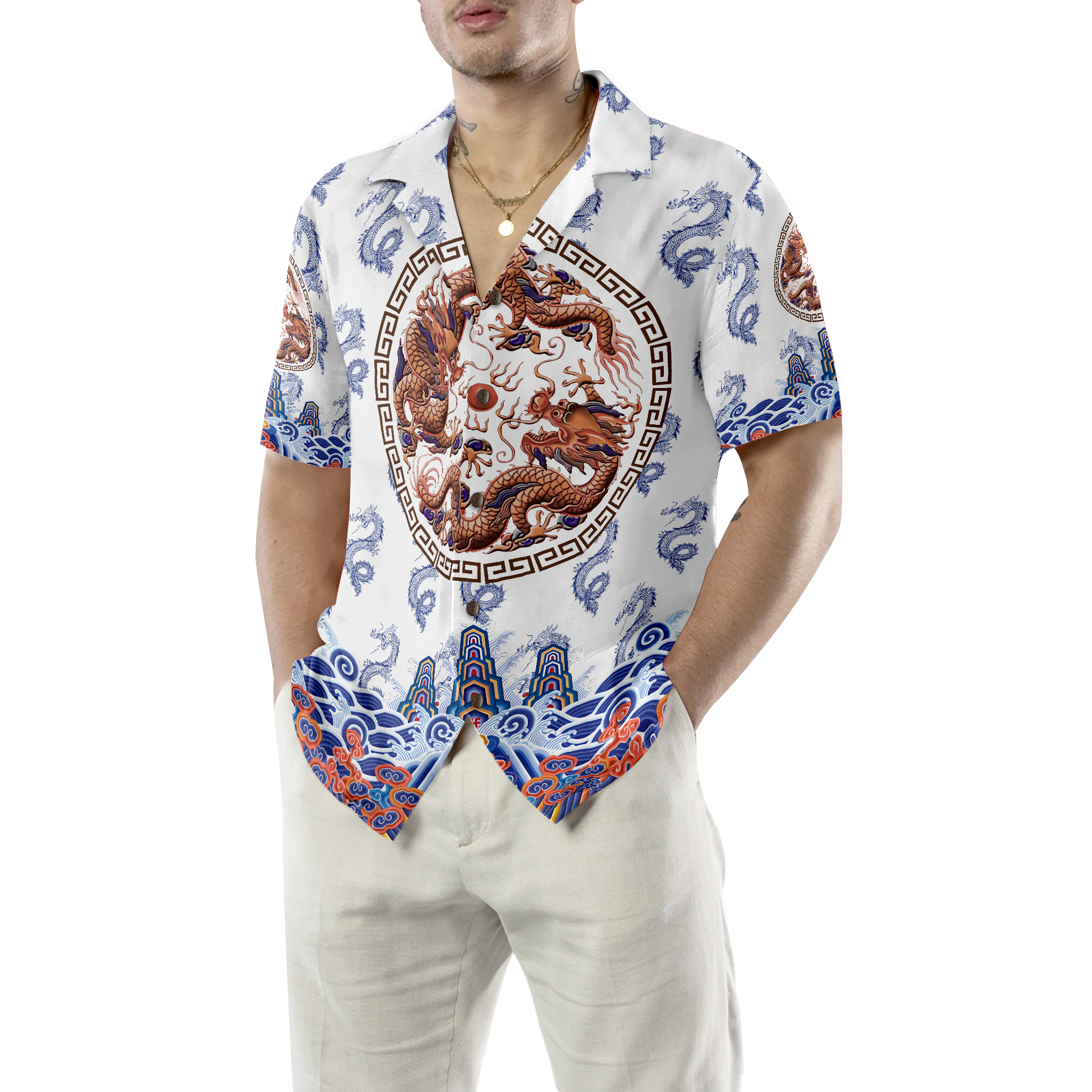 Chinoiserie Dragon White Hawaiian Shirt - Hyperfavor