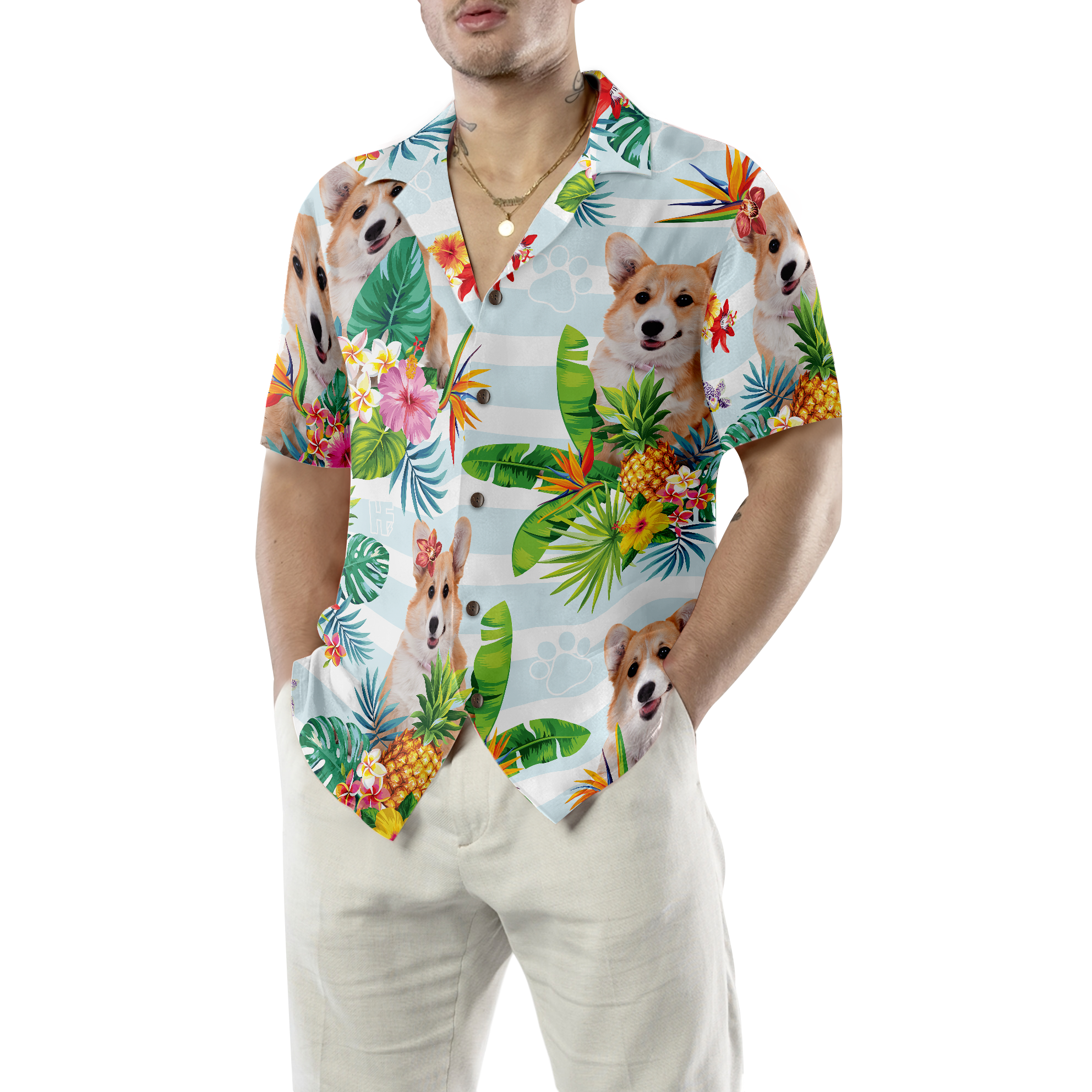 Tropical Flower With Corgi Hawaiian Shirt - Hyperfavor