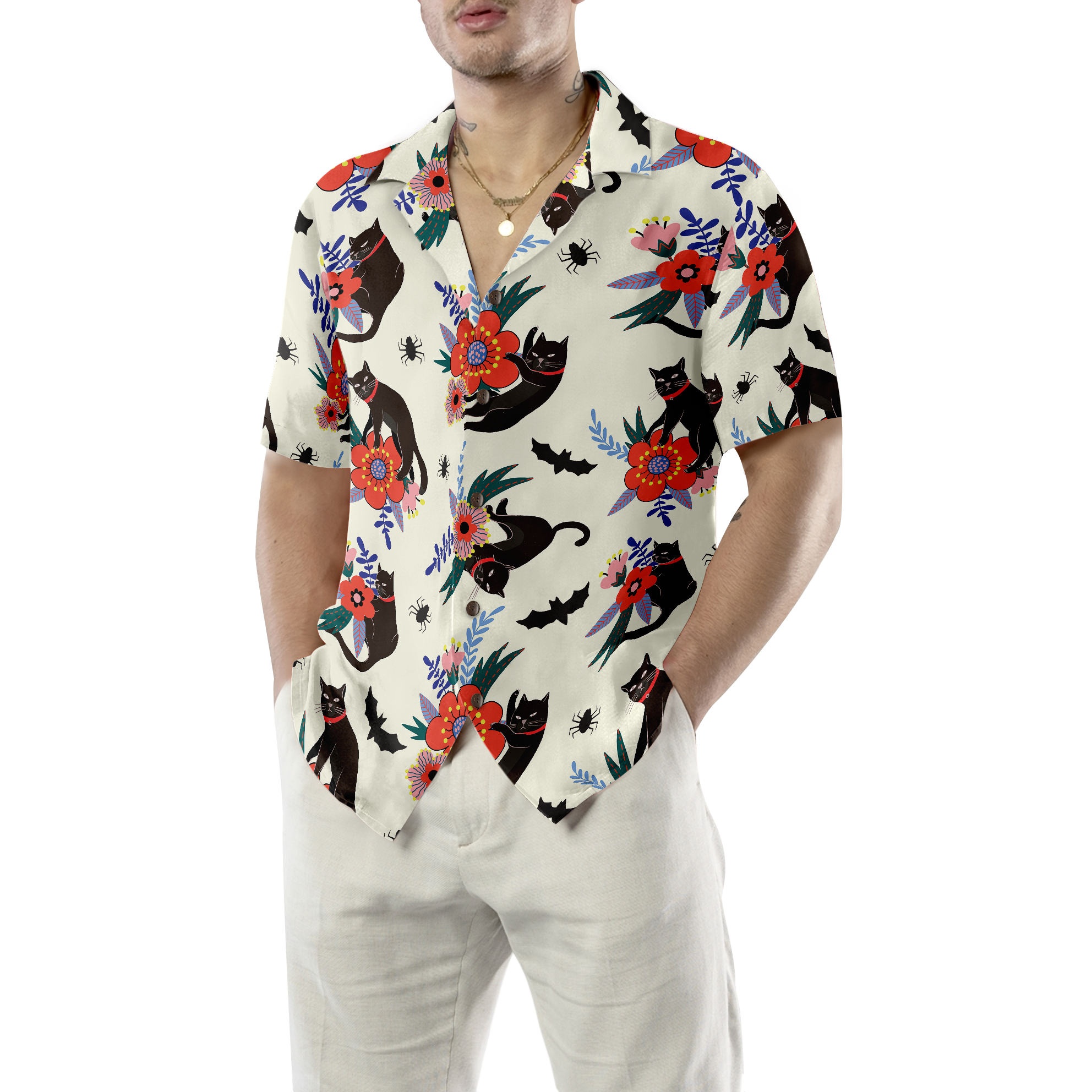 Black Bats And Cats Hawaiian Shirt - Hyperfavor