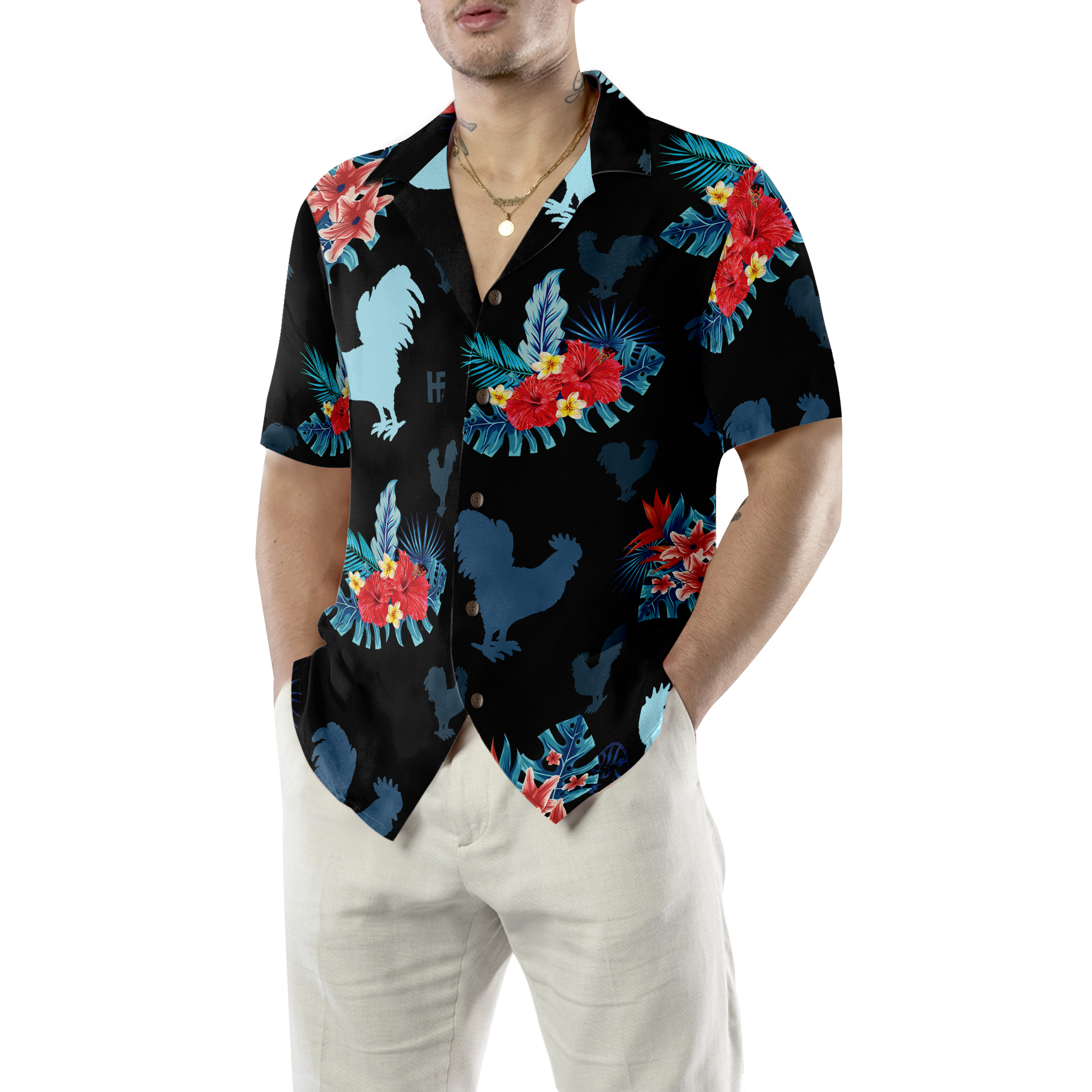 Rooster In Tropical Blue Hawaiian Shirt - Hyperfavor