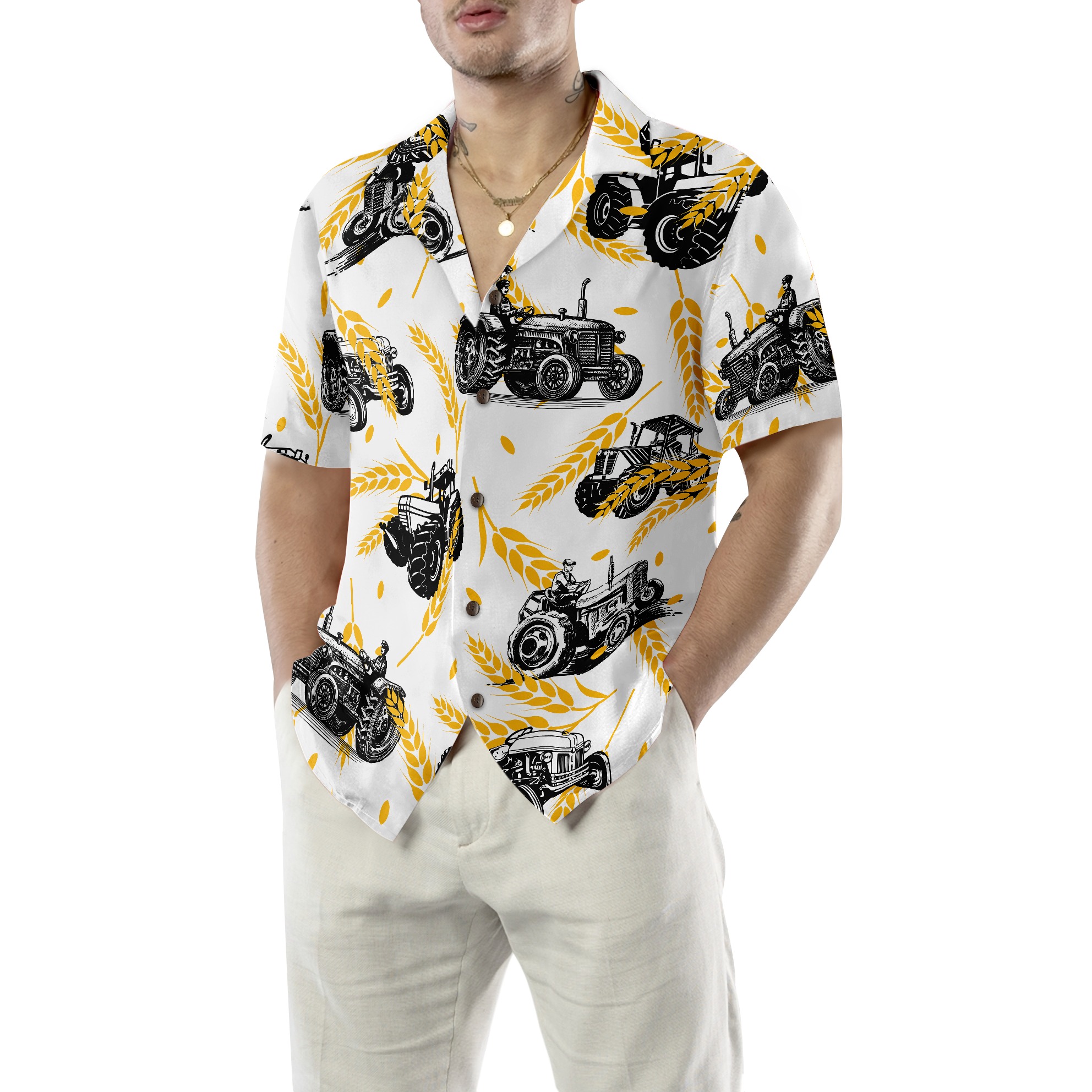 Tractors On Wheat Pattern Hawaiian Shirt - Hyperfavor