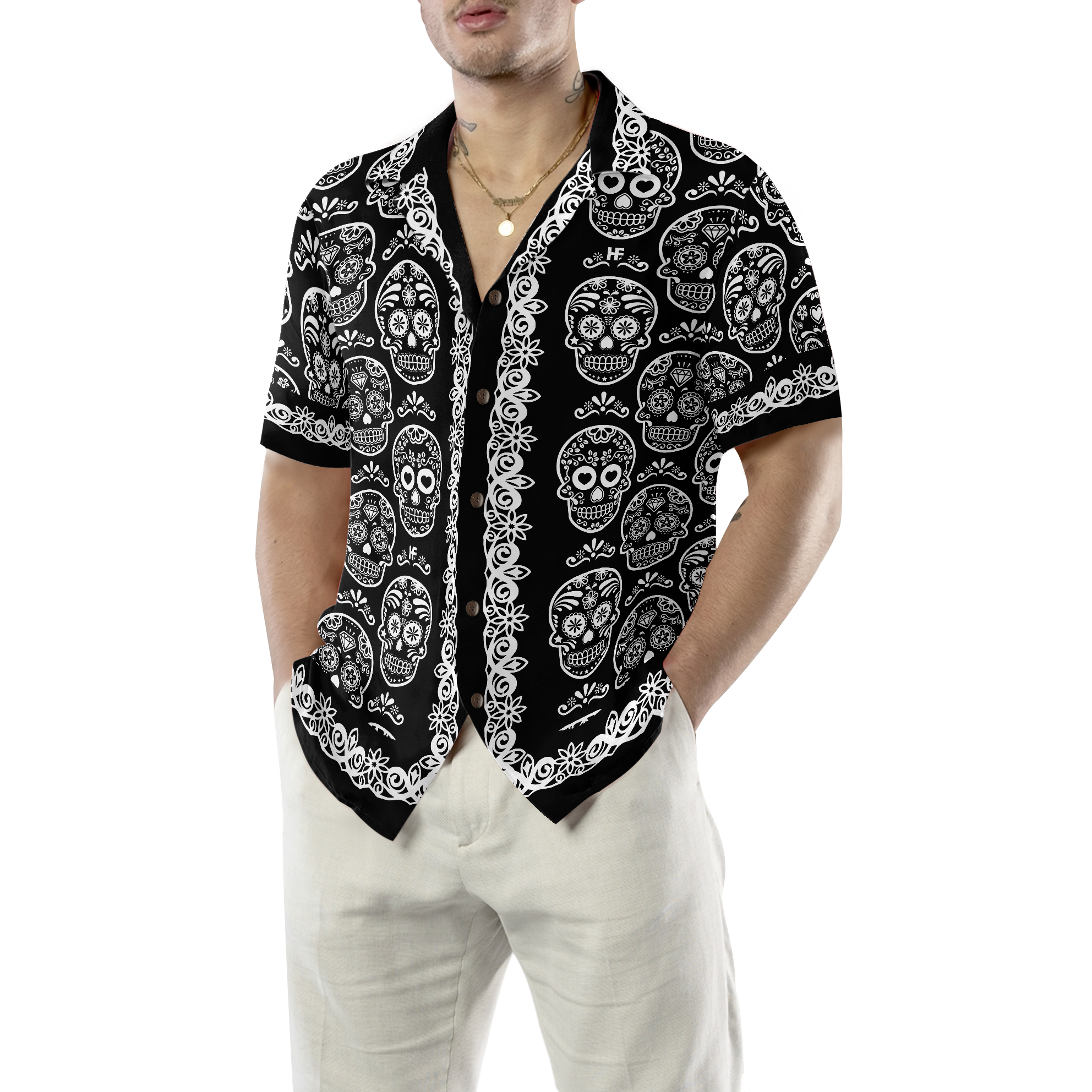 Mexican Sugar Skull On Black Hawaiian Shirt - Hyperfavor