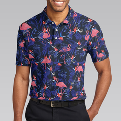 Flower And Flamingo Golf Polo Shirt, Blue Flamingo Pattern Shirt For Golf Players, Gift For Flamingo Fans - Hyperfavor