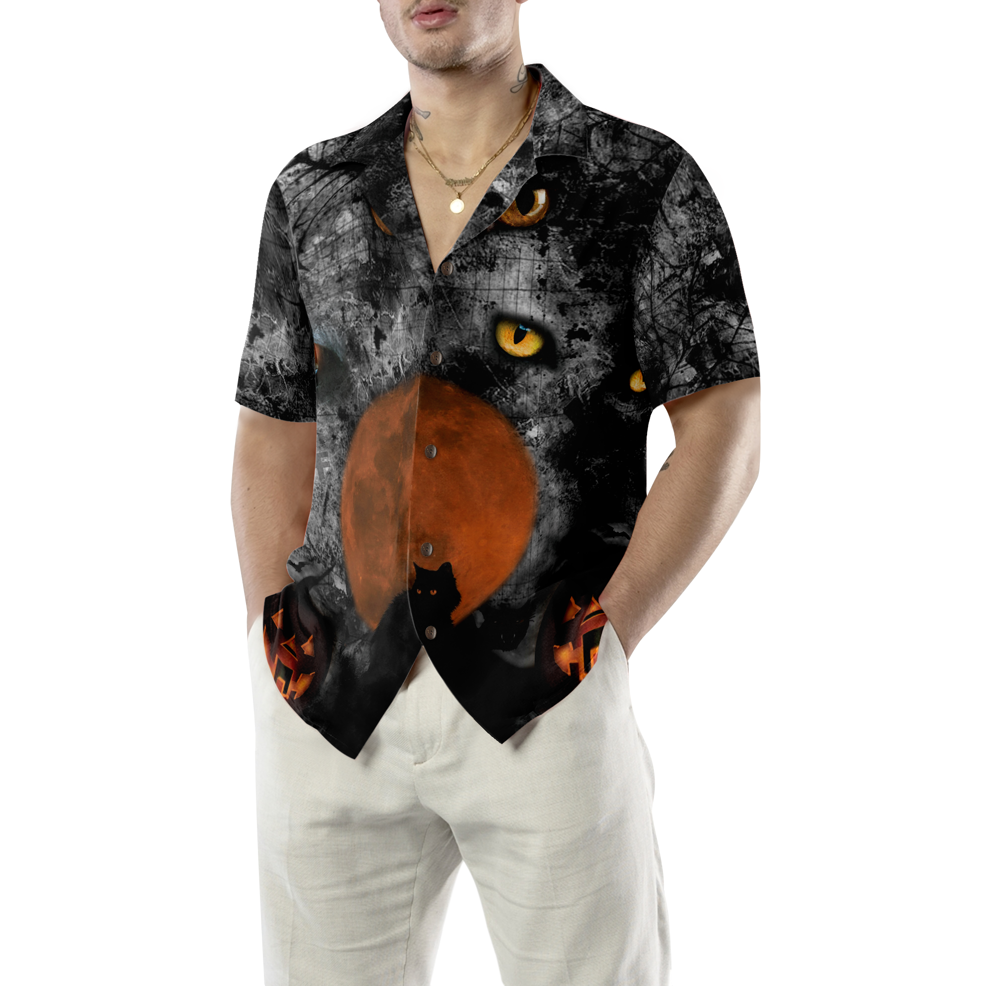 Black Cat Halloween Shirt For Men Hawaiian Shirt - Hyperfavor