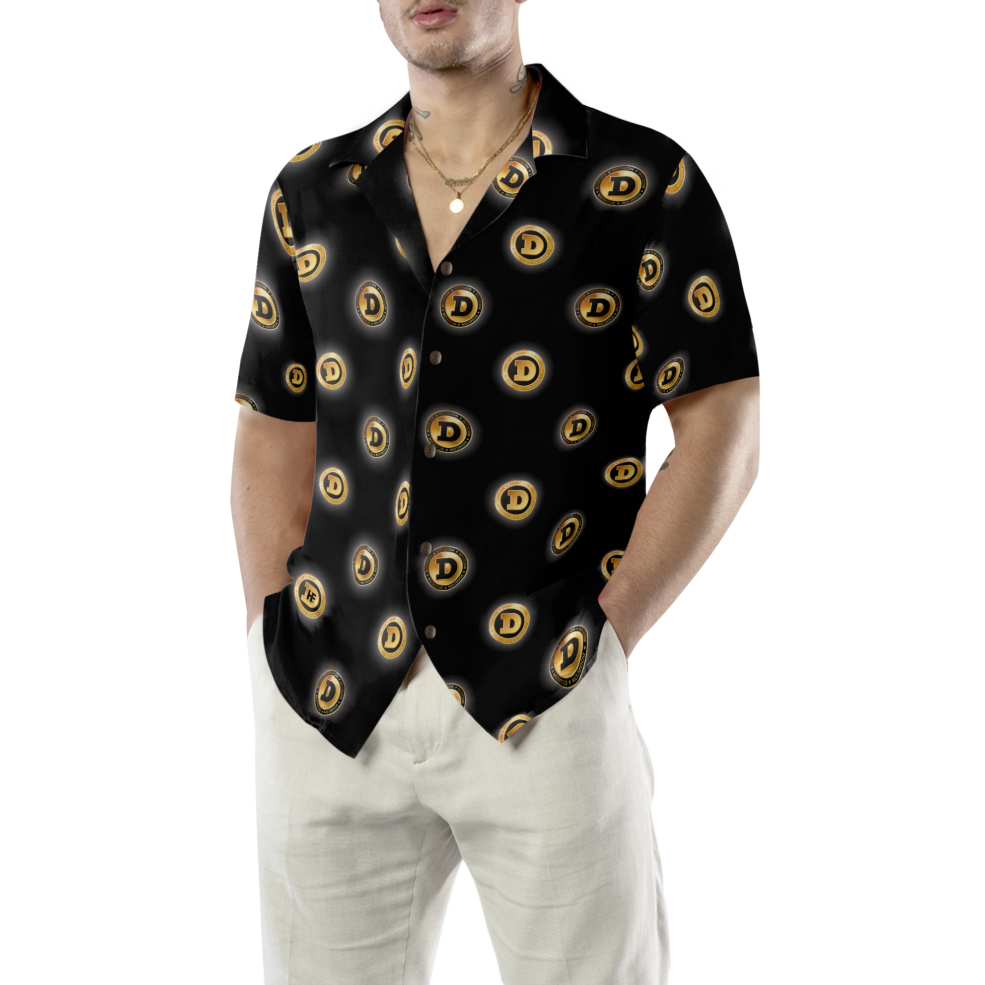 Golden Black Dogecoin Hawaiian Shirt - Hyperfavor