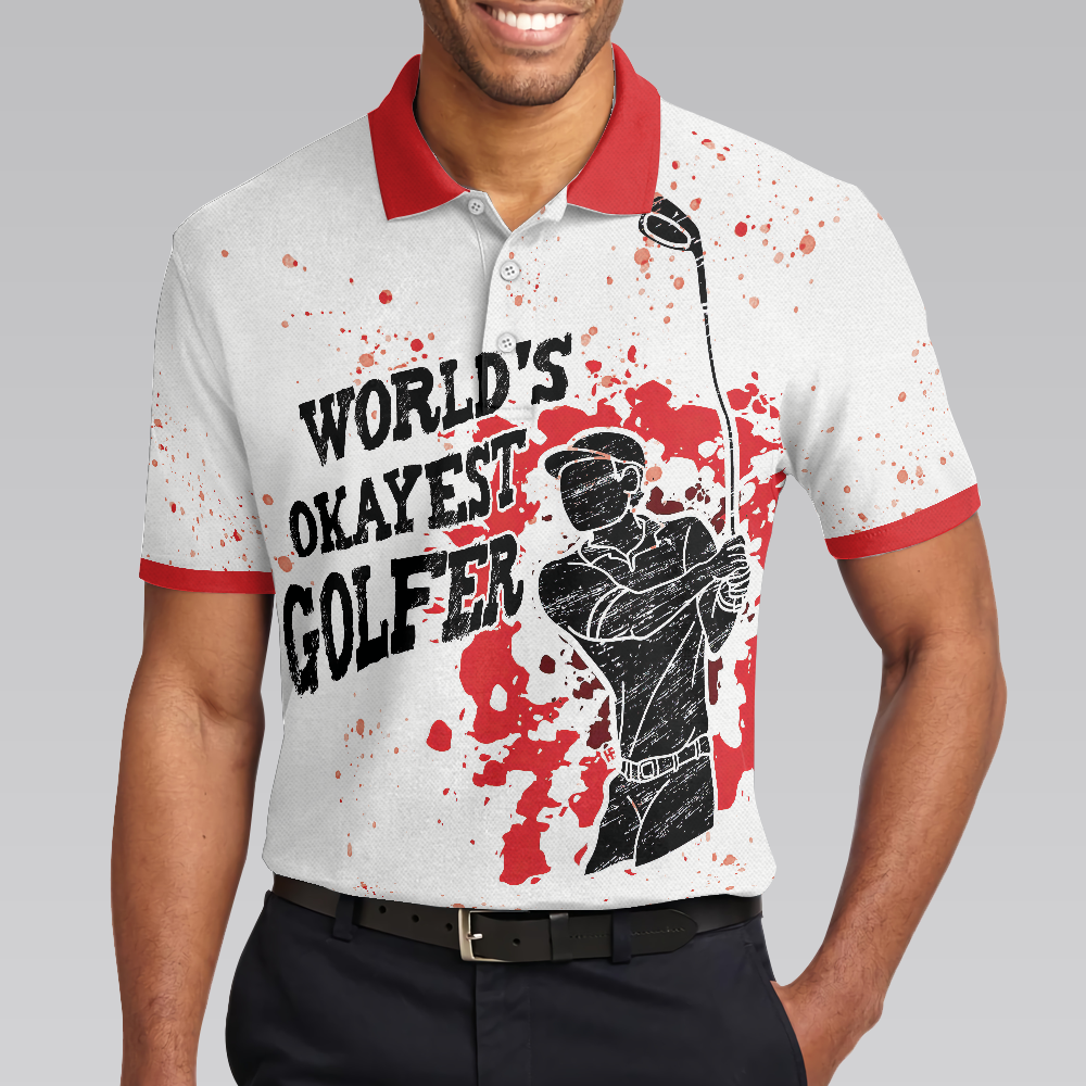 World's Okayest Golfer Golf Polo Shirt, Red Paint Splash Black Golfer Silhouette Polo Shirt, Best Golf Shirt For Men - Hyperfavor