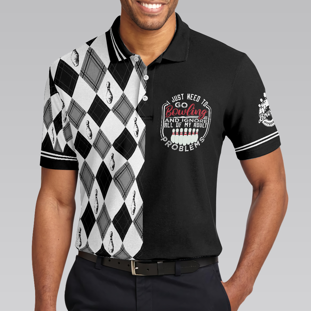 I Just Need To Go Bowling Polo Shirt, Black And White Argyle Pattern Polo Shirt, Best Bowling Shirt For Men - Hyperfavor