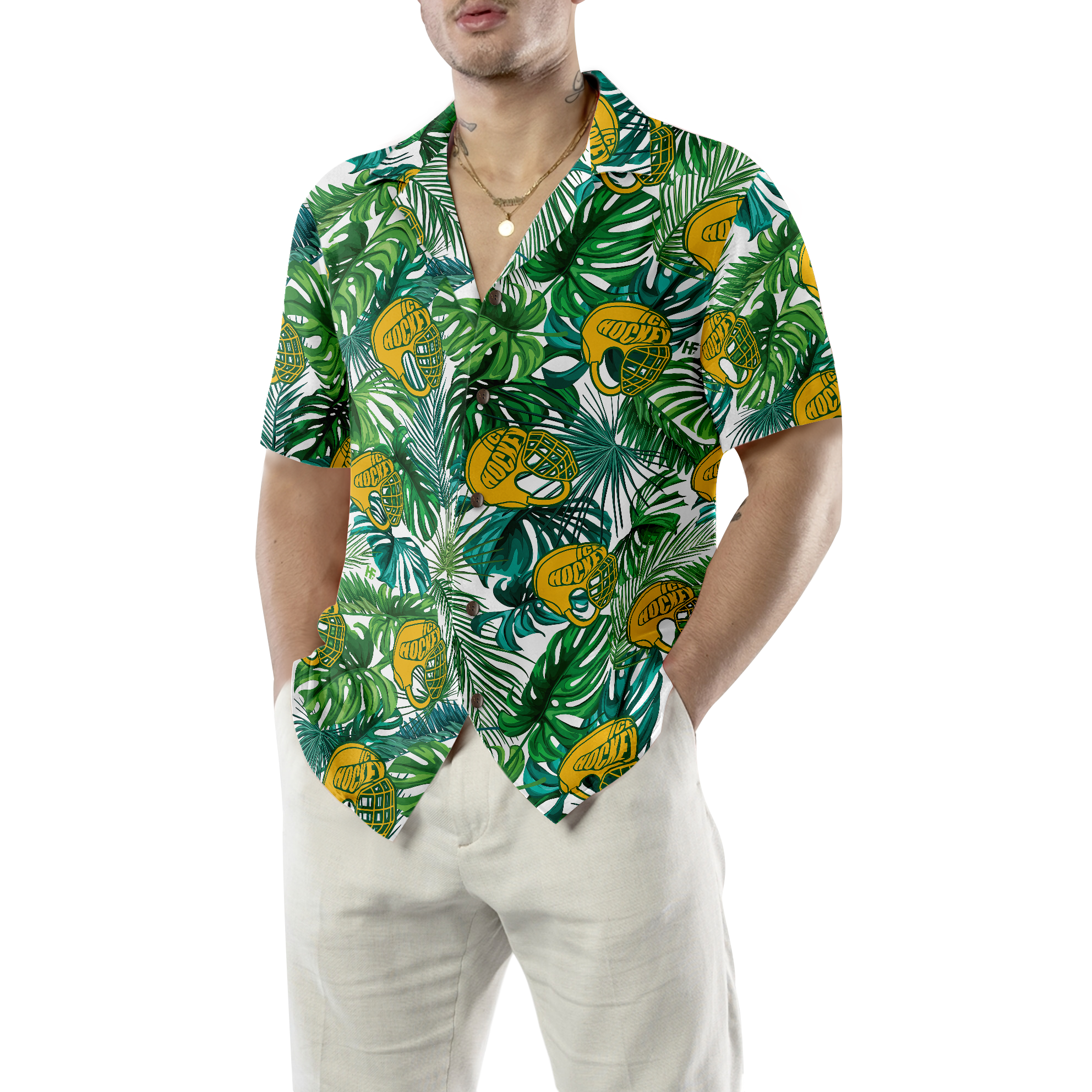 Tropical Ice Hockey Yellow Helmet Hawaiian Shirt - Hyperfavor