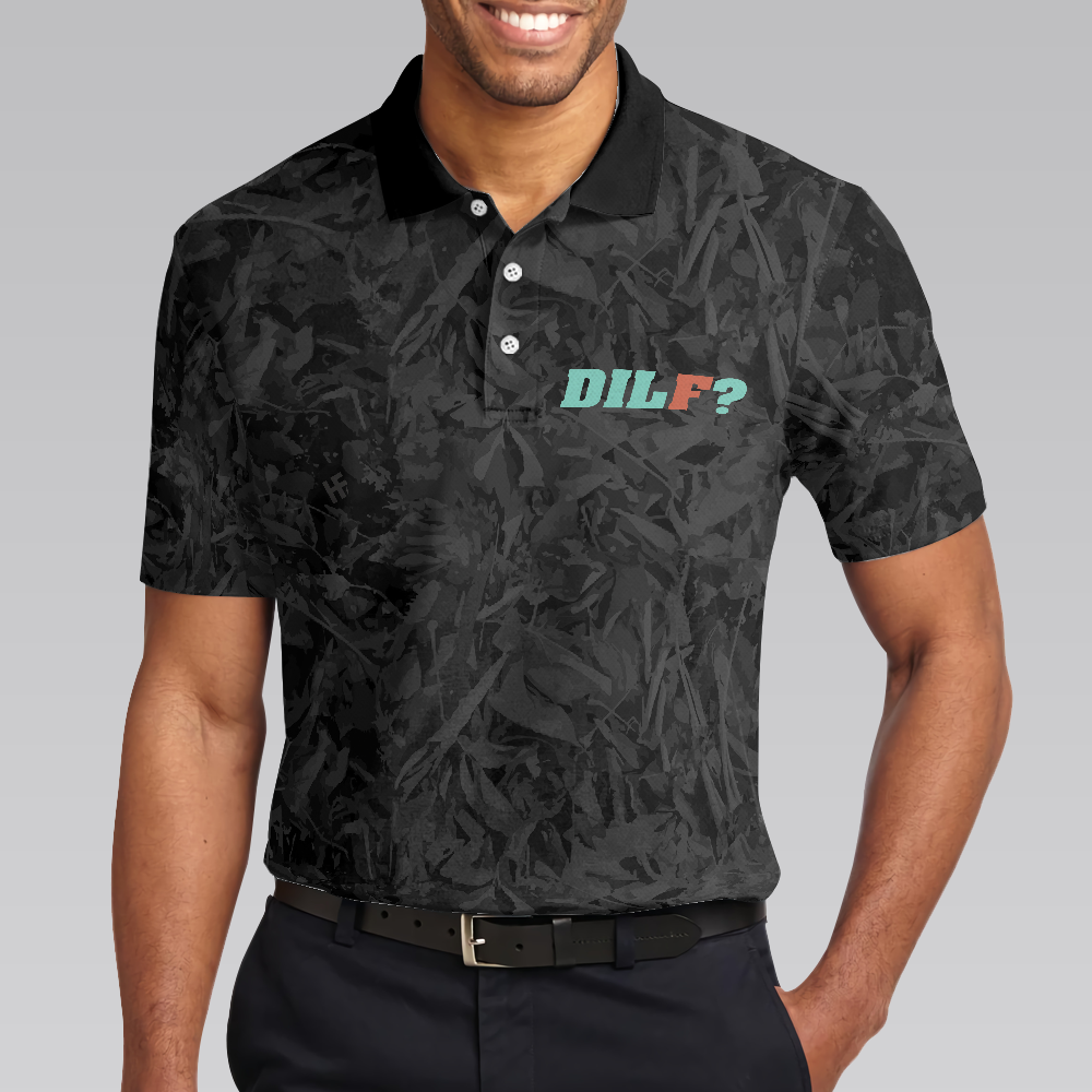 DILF Damn I Love Fishing Polo Shirt, Short Sleeve Black Fishing Shirt For Men - Hyperfavor