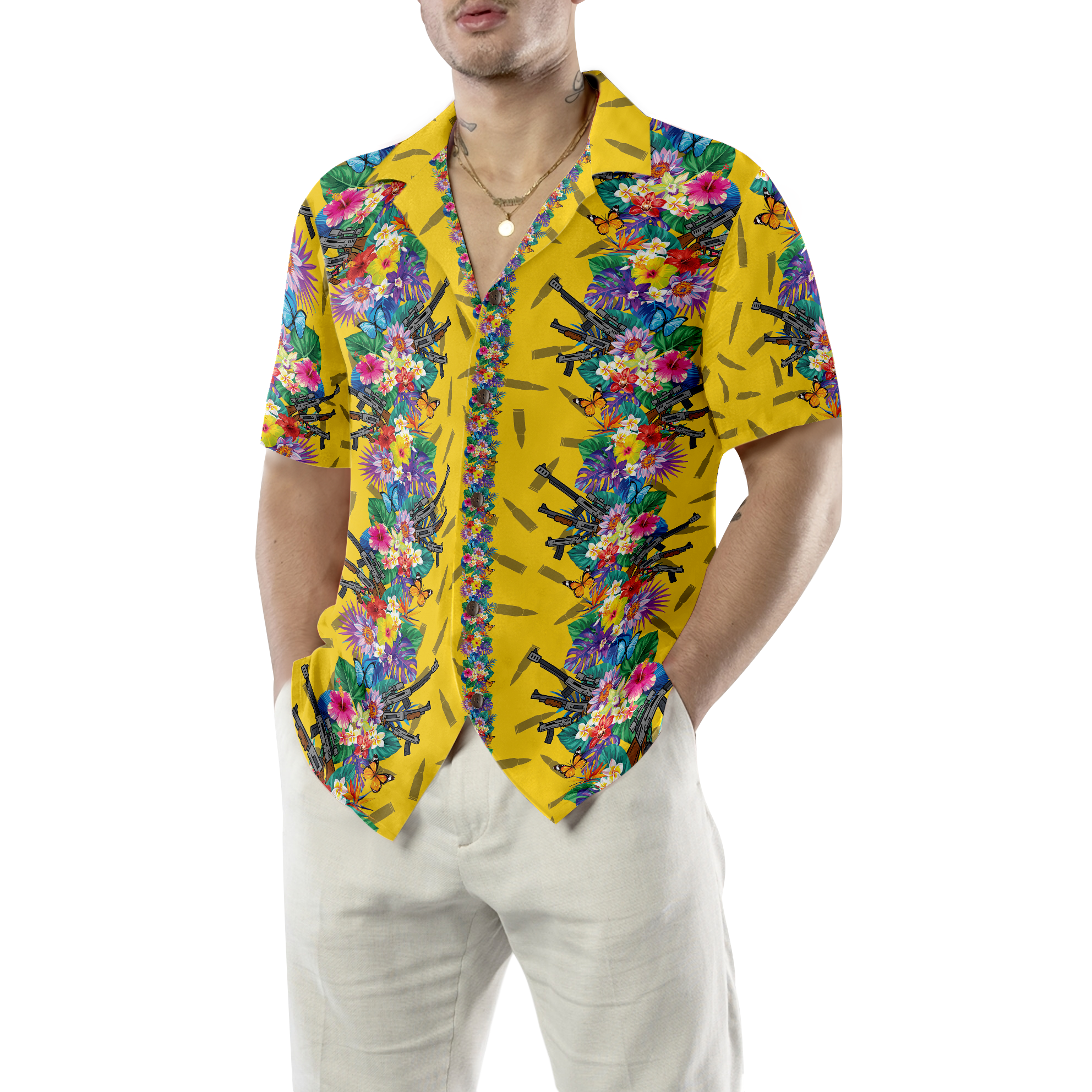 Vibrant Tropical Gun And Bullet Hawaiian Shirt - Hyperfavor