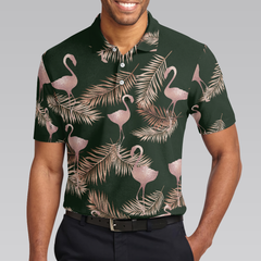 Flamingo Rose Gold Pattern Polo Shirt, Flamingo Themed Polo Shirt For Adults, Rose Gold Short Sleeve Shirt - Hyperfavor