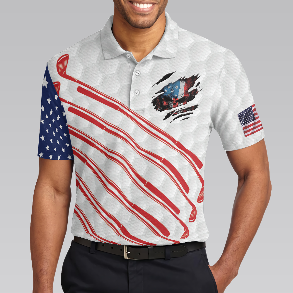 Golf American Flag Golf Club Skull Golf Polo Shirt, Ripped American Flag Polo Shirt, Patriotic Golf Shirt For Men - Hyperfavor