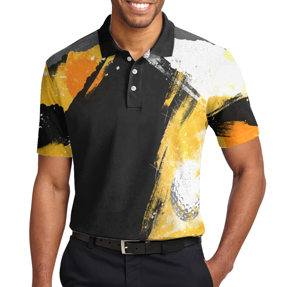 Golf On Artistic Black and Gold Crayon Strokes Short Sleeve Polo Shirt, Golf Shirt For Men - Hyperfavor