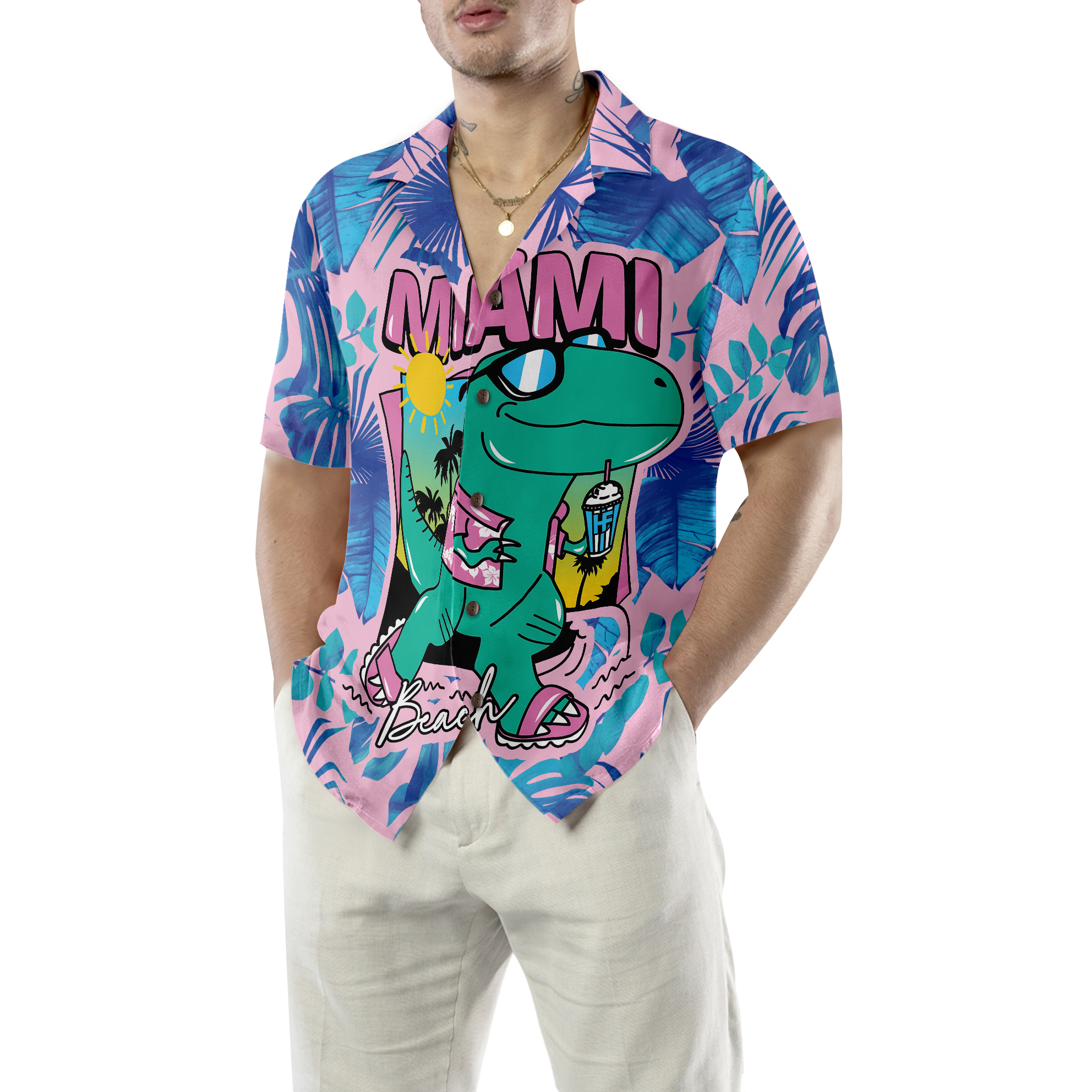 Miami South Beach Cool T- Rex Dinosaur Hawaiian Shirt - Hyperfavor