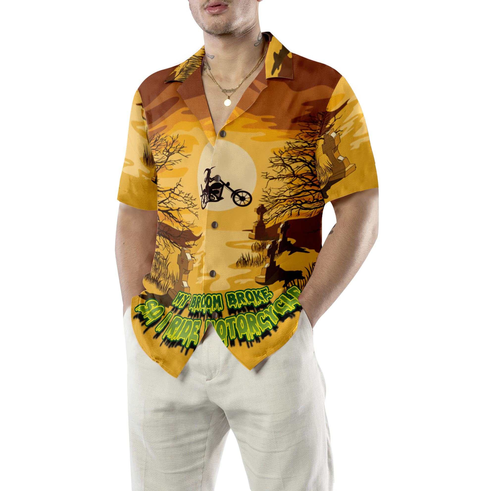 My Broom Broke So I Ride Motorcycle Halloween Hawaiian Shirt, Halloween Shirt For Men And Women - Hyperfavor